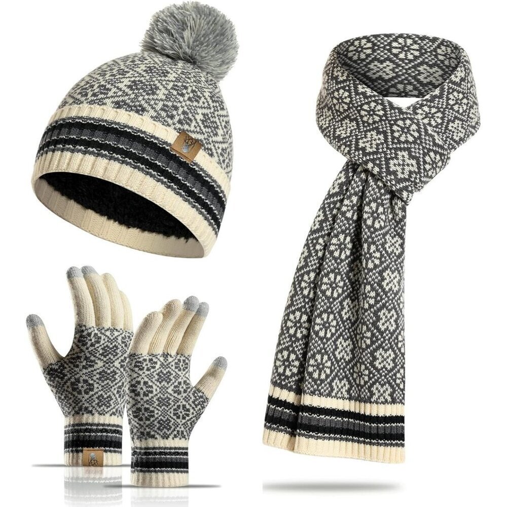 🆕Women Hat Long Scarf Gloves 3Pieces Fleece Lined Neck Scarves Set Pompom